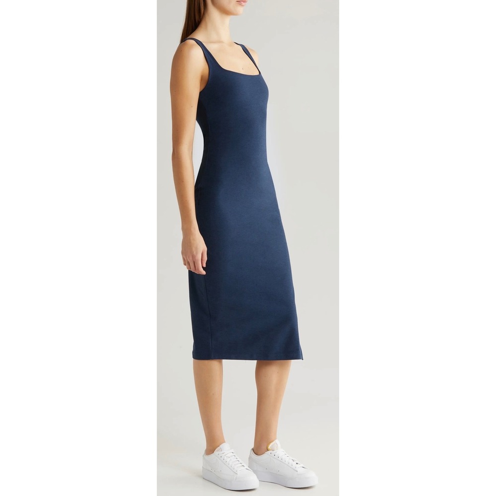 Beyond Yoga Spacedye Square Neck‎ Midi Dress Navy Blue Bodycon Athleisure Slit - Picture 3 of 15